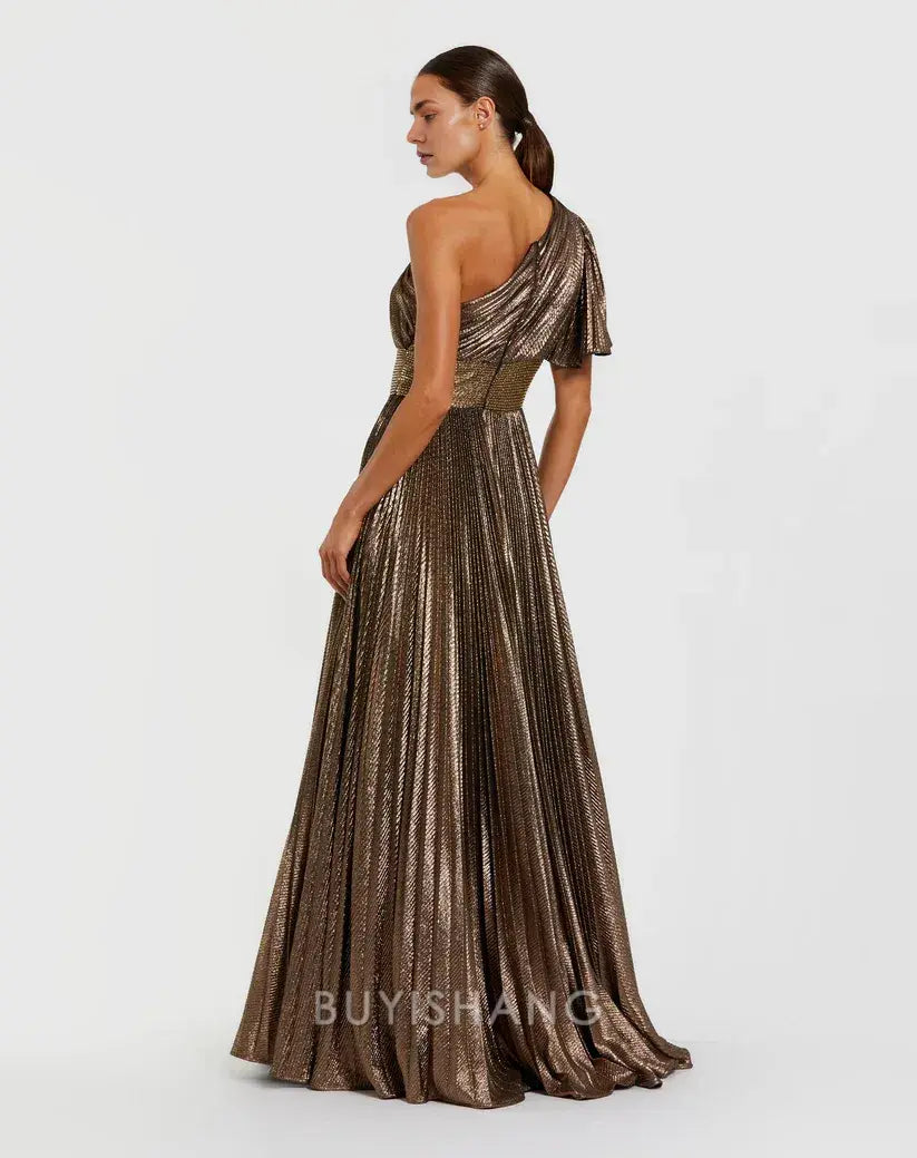 Elegant One-Shoulder Metallic Pleated A-Line Maxi Dress with Embellished Waist Mother of the Bride Dress